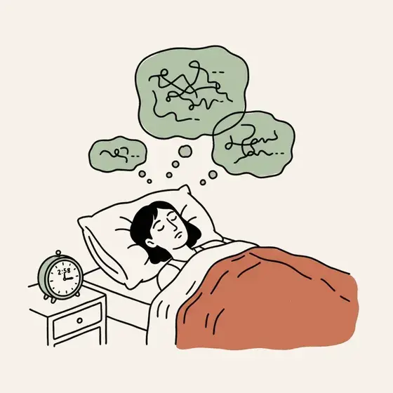 3am, person lying awake with anxious thought clouds above the pillow