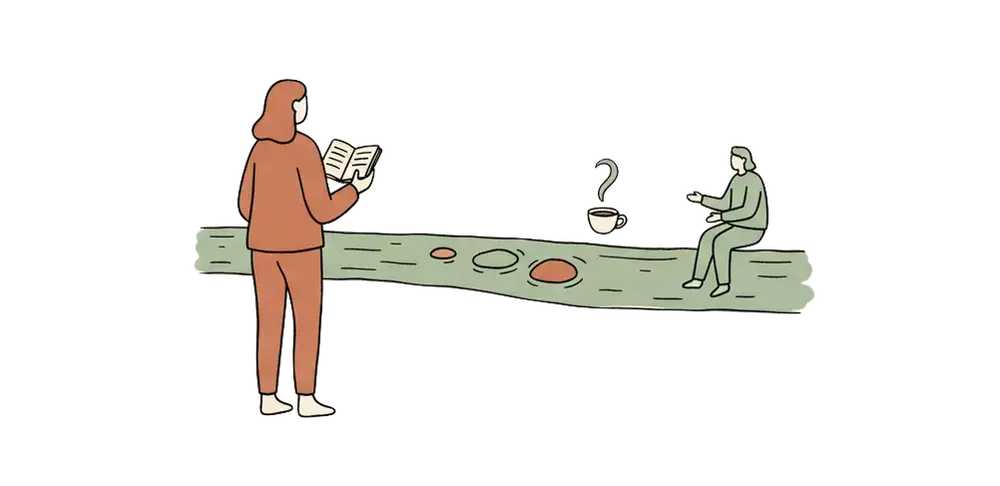 A figure with an open notebook, stepping stones across a gap toward a coffee cup and another person